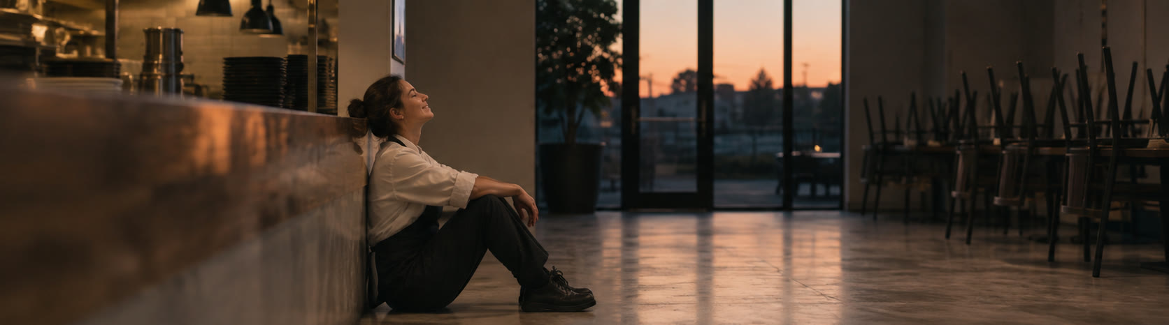 A cook sitting on the floor of an empty restaurant at dusk, chairs up, night done